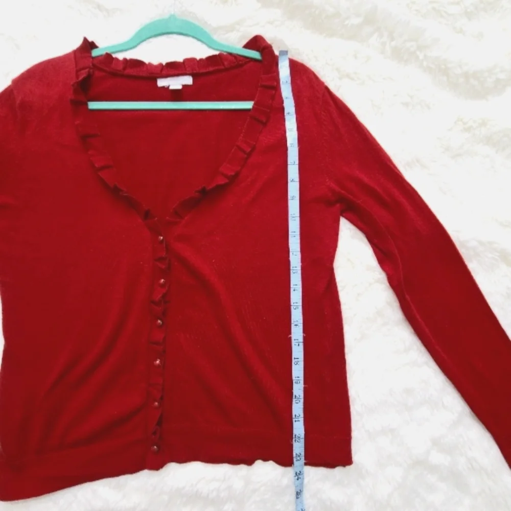 New York & Company red knit cardigan w/ ruffle, size large w/ buttons - Picture 5 of 7